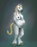  4:5 absurd_res anthro belly big_belly blonde_hair breasts equid equine female fingers hair hi_res holding_belly hooved_fingers hooves horse mammal navel nipples nude pony pregnant solo spots the_draft_horse white_body yellow_tail 