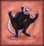  anthro black_body black_fur bottomwear brown_background claws clothed clothing didelphid fangs fully_clothed fur green_eyes grey_body grey_fur hi_res male mammal marsupial open_mouth pants simple_background sweatpants teeth unknown_artist virginia_opossum 