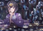  10_(user_cwuu4848) 1girl bangs black_hair blue_butterfly blunt_bangs blush egasumi flower grey_nails hair_flower hair_ornament hair_stick horns japanese_clothes kimono leaning_on_rail looking_at_viewer oni oni_horns original purple_eyes purple_kimono ribbon-trimmed_sleeves ribbon_trim short_hair solo upper_body wide_sleeves wind_chime 