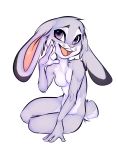  2017 anthro breasts cheek_tuft dee-r dipstick_ears disney facial_tuft featureless_breasts female fur grey_body grey_fur head_tuft hi_res judy_hopps lagomorph leporid mammal multicolored_ears narn nude open_mouth open_smile purple_eyes rabbit simple_background sitting smile solo tuft white_background zootopia 