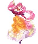  1girl ahoge bangs bare_shoulders blush closed_eyes closed_mouth detached_collar dress ethlyn_(fire_emblem) eyebrows_visible_through_hair fire_emblem fire_emblem:_genealogy_of_the_holy_war fire_emblem_heroes full_body highres holding kaya8 long_dress long_hair official_art outstretched_arms pink_hair purple_footwear shiny shiny_hair sidelocks smile solo spread_arms strapless strapless_dress tied_hair transparent_background white_legwear 