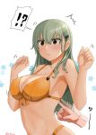  !? 1girl 1other alternate_costume artist_name bikini blush breasts cleavage covered_nipples green_eyes green_hair hair_ornament hairclip highres jousanrou kantai_collection large_breasts long_hair solo_focus suzuya_(kantai_collection) swimsuit yellow_bikini 