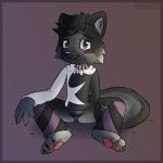  1:1 2020 anthro barefoot black_body black_fur black_hair black_nose blush bulge canid canine canis cheek_tuft claws clothed clothing collar digital_media_(artwork) embarrassed facial_tuft front_view fur gradient_background grey_body grey_eyes grey_fur hair hi_res hindpaw hoodie humanoid_hands inner_ear_fluff leg_warmers legwear looking_at_viewer male mammal moodytail pawpads paws plantigrade short_hair simple_background sitting smile solo spread_legs spreading toe_claws toes topwear tuft underwear wolf 