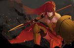  1girl armor breasts circlet cleavage corset embers green_eyes hair_between_eyes highres holding holding_weapon large_breasts less long_hair polearm ponytail pyrrha_nikos red_hair rwby shield skirt solo spear teeth thighhighs weapon 