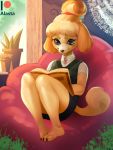  3:4 alasta animal_crossing anthro bean_bag black_eyes blush book canid canine canis claws clothed clothing digital_media_(artwork) digital_painting_(artwork) domestic_dog female fur hair inside isabelle_(animal_crossing) looking_down mammal nintendo plant reading shih_tzu sitting smile solo thick_thighs toy_dog video_games wide_hips yellow_body yellow_fur 