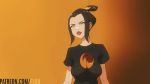  1girl avatar:_the_last_airbender avatar_(series) azula black_hair black_shirt bouncing_breasts breasts brown_eyes commentary covered_nipples flou hair_bun large_breasts light_smile lips lipstick looking_at_viewer makeup shirt short_hair skirt solo 