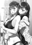  2girls :o armpit_crease bare_arms bare_shoulders bra breasts cleavage collarbone cowboy_shot earrings greyscale groin hair_ornament hairclip hand_up highres hug hug_from_behind jewelry large_breasts lingerie long_hair long_sleeves looking_at_viewer monochrome multiple_girls off_shoulder official_art open_mouth seiken_gakuin_no_maken_tsukai shirt smile stomach toosaka_asagi underwear underwear_only yuri 