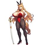  1girl animal_ears bare_shoulders breasts bunny_ears bunnysuit cleavage commentary_request detached_collar detached_sleeves eyebrows_visible_through_hair fake_animal_ears fate/extra fate/extra_ccc fate/extra_ccc_fox_tail fate/grand_order fate_(series) full_body hair_between_eyes hairband huge_breasts leotard long_hair melon22 open_mouth orange_eyes pantyhose simple_background solo standing strapless strapless_leotard suzuka_gozen_(fate) sword tail teeth thick_thighs thighs tongue weapon white_background 