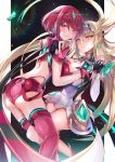  2girls armor ass blonde_hair blush breast_press breasts cleavage commentary_request crystal dress earrings gloves hands_clasped hinot jewelry large_breasts long_hair multiple_girls mythra_(xenoblade) one_eye_closed own_hands_together parted_lips pyra_(xenoblade) red_eyes red_hair short_hair short_shorts shorts smile symmetrical_docking thighhighs tiara very_long_hair xenoblade_chronicles_(series) xenoblade_chronicles_2 yellow_eyes 