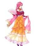  1girl bangs bare_shoulders detached_collar dress ethlyn_(fire_emblem) fan fingernails fire_emblem fire_emblem:_genealogy_of_the_holy_war fire_emblem_heroes full_body highres holding holding_fan kaya8 long_dress long_hair looking_at_viewer official_art parted_lips pink_eyes pink_hair purple_footwear shiny shiny_hair sidelocks smile solo standing strapless strapless_dress tied_hair transparent_background white_legwear 
