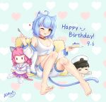  1girl absurdres animal_ear_fluff animal_ears atlanta_(warship_girls_r) barefoot blue_hair cake cat_ears cat_girl cat_tail feet food highres multicolored multicolored_ribbon necktie nekomusume one_eye_closed pillow ribbon short_hair smile solo spoon tail tank_top warship_girls_r william.b yellow_eyes 