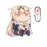  1girl absurdres alternate_hairstyle black_gloves black_ribbon black_serafuku blonde_hair chibi commentary_request dyson_(edaokunnsaikouya) fingerless_gloves gloves hair_flaps hair_ornament hair_ribbon hairclip highres kantai_collection long_hair neckerchief poi remodel_(kantai_collection) ribbon scarf school_uniform serafuku side_ponytail simple_background sitting solo tears white_background white_scarf yuudachi_(kantai_collection) 