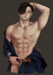  1boy artist_name belt black_eyes black_hair facial_hair facial_mark golden_kamuy grey_background hair_over_one_eye hand_on_own_head highres kzhma looking_at_viewer muscle navel nipples ogata_hyakunosuke simple_background standing testicles undressing 