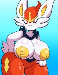  2020 :3 absurd_res anthro areola big_breasts blue_background blush breasts camel_toe cinderace female genitals hand_on_hip hi_res nintendo nipples pok&eacute;mon pok&eacute;mon_(species) prinnydood simple_background smile solo video_games white_body wide_hips yellow_areola 