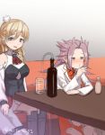  3girls alcohol bangs blonde_hair blurry bottle braid breasts commentary_request cup drinking gradient gradient_background grey_hair hat jun&#039;you_(kantai_collection) kantai_collection long_hair long_sleeves magatama mini_hat misumi_(niku-kyu) multiple_girls o3o open_mouth pola_(kantai_collection) purple_hair simple_background sitting spiked_hair tube zara_(kantai_collection) 