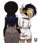  2girls akali arm_hug ass ass_grab black_hair blonde_hair bodystocking bodysuit commentary detached_sleeves fishnet_bodysuit fishnets from_behind grabbing_another&#039;s_ass groping hair_pulled_back hat high-waist_pants highres kai&#039;sa kyoffie12 league_of_legends long_sleeves multicolored_hair multiple_girls oversized_clothes ponytail purple_hair streaked_hair sun_hat the_baddest_akali the_baddest_kai&#039;sa thigh_gap wide_hips yuri 