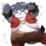  1:1 2013 angry anthro bottomwear canid canine canis clothing domestic_dog eyes_closed fur hinami japanese_text kemono mammal pants simple_background slightly_chubby solo text white_background white_body white_fur 