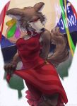  2020 5_fingers anthro beastars black_nose brown_body brown_fur canid canine canis claws clothing collar dress english_text eyes_closed female fingers fur hi_res juno_(beastars) maarzkid makeup mammal moon night outside red_clothing red_dress snout solo text wolf 