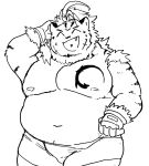  2020 anthro aretna belly clothing eyes_closed felid hi_res hombretigre kemono male mammal monochrome moobs navel nipples overweight overweight_anthro overweight_male pantherine simple_background solo tiger tokyo_afterschool_summoners underwear video_games white_background 