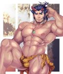  1boy abs bara briefs bulge chest cowboy_shot dark_blue_hair facial_hair fang horns jewelry male_focus male_underwear manly muscle navel necklace nhawnuad nipples pectorals short_hair sideburns stubble takemaru_(tokyo_houkago_summoners) thick_eyebrows thick_thighs thighs tokyo_houkago_summoners torn_clothes underwear 