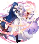  1boy 1girl azutarou bangs black_footwear blue_eyes blue_hair boots bug butterfly cape chalice closed_mouth deirdre_(fire_emblem) dress fire_emblem fire_emblem:_genealogy_of_the_holy_war fire_emblem_heroes floating floating_object full_body gloves glowing highres holding_hand insect knee_boots lavender_hair long_dress long_hair long_sleeves looking_away official_art open_mouth pants purple_eyes shiny shiny_hair short_hair sigurd_(fire_emblem) smile transparent_background white_dress white_gloves 