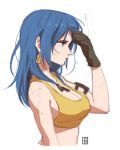  1girl a-ka black_gloves blue_eyes blue_hair breasts closed_mouth dog_tags earrings gloves hair_down hand_on_own_head jewelry leona_heidern pouch profile signature solo tank_top the_king_of_fighters the_king_of_fighters_xiv triangle_earrings yellow_tank_top 