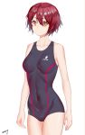  1girl absurdres arknights bangs bare_arms bare_shoulders breasts brown_eyes chinese_commentary collarbone commentary_request covered_navel cowboy_shot exusiai_(arknights) eyebrows_visible_through_hair hair_between_eyes highres looking_at_viewer medium_breasts one-piece_swimsuit red_hair revision short_hair simple_background smile solo standing swimsuit thighs white_background zzq 