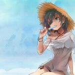  1girl alternate_costume bare_shoulders bikini black_bikini bracelet collarbone eyepatch food food_in_mouth green_eyes green_hair hat highres ice_cream jewelry kantai_collection kiso_(kantai_collection) kitsunebi_ao looking_away see-through shirt short_hair solo straw_hat swimsuit white_shirt 