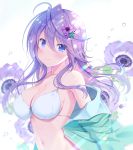  1girl ahoge anemone_(flower) anemone_(flower_knight_girl) aqua_jacket armpits bare_shoulders bikini blue_eyes breasts cleavage covered_nipples flower flower_knight_girl hair_between_eyes hair_flower hair_ornament jacket large_breasts long_hair long_sleeves looking_at_viewer naruse_mamoru navel off_shoulder open_clothes open_jacket purple_flower purple_hair smile solo stomach string_bikini swimsuit wet white_background white_bikini 
