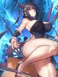  1girl black_dress blue_eyes breasts china_dress chinese_clothes dress fate/grand_order fate_(series) highres large_breasts legs melon22 pipa_(instrument) purple_hair solo staff_(music) thick_thighs thighs twintails yang_guifei_(fate/grand_order) 