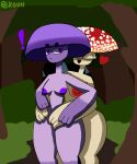  anthro breasts butt curvy_figure deiny(kouh) detailed_background duo elemental_creature elemental_humanoid eyebrows female female/female fingers forest fungi_fauna fungi_humanoid fungus hi_res humanoid kouh multicolored_body mushroom mushroom_humanoid nipples not_furry nude open_mouth purple_body purple_eyes purple_skin sky smile thyz(kouh) tree two_tone_body voluptuous white_body wide_hips 