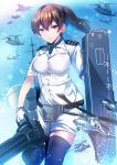  1girl aircraft airplane black_legwear breasts brown_eyes brown_hair commentary_request f-2 f-35_lightning_ii flight_deck helicopter highres japan_maritime_self-defense_force japan_self-defense_force kaga_(jmsdf) kaga_(kantai_collection) kantai_collection large_breasts military phalanx_ciws revision sh-60_seahawk side_ponytail silly_(marinkomoe) thighhighs tiltrotor torpedo v-22_osprey 