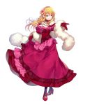  1girl bangs bare_shoulders black_legwear blonde_hair brown_hair closed_mouth dress feather_boa fire_emblem fire_emblem:_genealogy_of_the_holy_war fire_emblem_heroes flower frilled_dress frills full_body gloves hair_flower hair_ornament high_heels highres holding lachesis_(fire_emblem) long_dress long_hair looking_away miwabe_sakura official_art red_dress red_footwear shiny shiny_hair skirt_hold solo standing transparent_background 