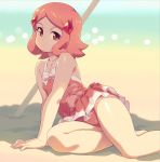  1girl arm_support beach cherry_blossom_print covered_navel expressionless floral_print hair_ornament hairclip highres leaning_to_the_side legs om_(nk2007) one-piece_swimsuit outdoors pink_eyes pink_hair pink_skirt pink_swimsuit print_swimsuit puzzle_&amp;_dragons short_hair sitting skirt solo swimsuit swimsuit_skirt thighs uzuki_sakura 