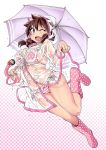  1girl amano_megumi amano_megumi_wa_suki_darake! between_breasts bikini blue_eyes blush boots breasts brown_hair dripping fang frilled_bikini frills full_body halftone halftone_background highres holding holding_umbrella hood large_breasts long_hair long_sleeves looking_at_viewer miniboy nekoguchi official_art one_eye_closed open_mouth partially_unbuttoned pink_bikini pink_theme polka_dot polka_dot_bikini polka_dot_footwear raincoat rubber_boots see-through shindou_manabu side-tie_bikini solo_focus striped striped_bikini swimsuit swimsuit_under_clothes umbrella wet 