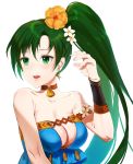  1girl breasts cleavage earrings fire_emblem fire_emblem:_the_blazing_blade fire_emblem_heroes flower green_eyes green_hair hair_flower hair_ornament highres jewelry jurge long_hair lyn_(fire_emblem) open_mouth ponytail simple_background solo upper_body white_background 