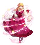  1girl bangs bare_shoulders black_legwear blonde_hair brown_hair bug butterfly dress feather_boa fire_emblem fire_emblem:_genealogy_of_the_holy_war fire_emblem_heroes flower frilled_dress frills full_body gloves hair_flower hair_ornament high_heels highres holding insect lachesis_(fire_emblem) long_dress long_hair looking_away miwabe_sakura official_art open_mouth red_dress red_footwear shiny shiny_hair skirt_hold solo standing transparent_background 