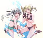  2girls :d bare_shoulders bikini black_bikini black_footwear brown_eyes eyebrows_visible_through_hair frilled_bikini frills green_bikini green_hair grey_hair hair_ribbon holding holding_water_gun kantai_collection kasumi_(kantai_collection) long_hair looking_at_viewer midriff multiple_girls navel official_alternate_costume open_mouth ponytail ribbon saiko_(saisaka) sandals side_ponytail smile swimsuit water_gun white_ribbon yuubari_(kantai_collection) 