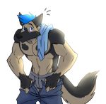  anthro black_body black_fur blue_eyes blue_hair boxers_(clothing) brown_body brown_fur canid canine canis cartoonjunkie clothed clothing dannycaliforniashepherd domestic_dog fur german_shepherd grey_clothing grey_underwear hair herding_dog holding_pants looking_at_viewer looking_surprised male mammal muscular muscular_anthro muscular_male pants_down partially_clothed pastoral_dog simple_background solo surprise surprised_face underwear 