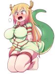  5_toes absurd_res animal_humanoid arms_bound bagelbombed big_breasts blonde_hair blush bodily_fluids bound breasts clothed clothing dragon dragon_humanoid eyebrow_through_hair eyebrows eyelashes female fingers green_body green_scales hair hands_behind_back hi_res horn humanoid legs_bound long_hair miss_kobayashi&#039;s_dragon_maid open_mouth pupils red_eyes rope rope_bondage scales shirt simple_background slit_pupils solo sweat sweatdrop teeth thick_thighs toes tohru_(dragon_maid) tongue topwear translucent translucent_hair white_background 