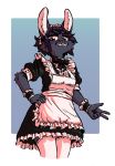  2018 5_fingers abstract_background anthro apron blue_body blue_eyes blue_fur bow_tie cheek_tuft clothing facial_tuft female fingers frilly frilly_clothing fur grin gutter-bunny hand_on_hip hi_res lagomorph legwear looking_at_viewer maid_uniform mammal portrait rolled_up_sleeves smile solo standing stockings three-quarter_portrait tuft uniform 