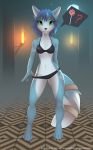  5_fingers absurd_res anthro black_nose blue_body blue_fur blue_hair canid canine clothed clothing detailed_background female fingers fox fur green_eyes hair hi_res krystal mammal midriff navel nintendo piranha_fish smile solo star_fox video_games 