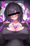 1girl absurdres black_dress black_hair black_sweater blush_stickers breasts censored censored_identity commentary dress drooling glasses goddess_of_victory:_nikke heart highres huge_breasts label_(nikke) long_hair looking_at_viewer lying messy_hair mouth_drool multicolored_hair on_back purple_eyes purple_hair salty_gana solo sweater symbol-only_commentary two-tone_hair very_long_hair 