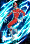  1boy belt blanclauz blue_background bodysuit boots full_body gloves helmet highres holster holstered male_focus power_rangers power_rangers_in_space red_bodysuit red_helmet red_space_ranger solo tokusatsu white_belt white_boots white_gloves 