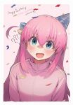  1girl ? ?? blue_eyes blush_stickers bocchi_the_rock! border breasts character_name commentary_request confetti confused cube_hair_ornament dated gotoh_hitori hair_between_eyes hair_ornament happy_birthday hat highres jacket jeehyung_seo long_hair long_sleeves looking_at_viewer medium_breasts one_side_up open_mouth party_hat pink_background pink_hair pink_jacket solo sweatdrop track_jacket upper_body white_border 