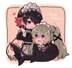  2girls artist_name black_dress black_hair black_nails blush border colored_inner_hair commentary_request corin_wickes dress earclip earrings ellen_joe fins fish_tail flying_sweatdrops green_hair hair_between_eyes hairband heart holding_own_tail implied_yuri jewelry long_hair looking_at_another maid_headdress metal_hairband multicolored_hair multiple_girls open_mouth purple_eyes razor_blade_hair_ornament red_eyes red_nails scar scar_on_tail screw_hair_ornament shark_girl shark_tail short_hair spiked_headband sweatdrop tail twintails white_border yumefukura zenless_zone_zero 