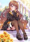  1girl absurdres anya_melfissa black_jacket black_necktie black_shoes black_skirt blonde_hair blonde_streaks blurry blurry_foreground brown_hair chain closed_mouth collared_shirt commentary_request contrast_lapels cyanzan earrings flower full_body gradient_hair highres hololive hololive_indonesia jacket jewelry kris_hair_ornament lapels lens_flare light_smile long_hair long_sleeves mary_janes multicolored_hair necktie outdoors over-kneehighs purple_eyes shirt shoes sitting sitting_on_stairs skirt solo stairs streaked_hair sunflower swept_bangs thighhighs two-tone_hair virtual_youtuber wavy_hair white_shirt 