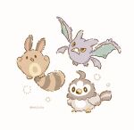  brown_eyes colored_sclera crobat full_body mofucoffee no_humans open_mouth pokemon pokemon_(creature) pokemon_focus sentret simple_background starly twitter_username white_background yellow_sclera 