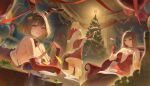 3girls absurdres animal_ears anis_(nikke) bare_shoulders black_pantyhose box breasts brown_eyes brown_hair cake cake_slice cat_hair_ornament chair christmas christmas_ornaments christmas_present christmas_tree cleavage closed_mouth collar commentary deer_ears dress elbow_sleeve english_commentary food fork frilled_collar frills gift gift_box glasses goddess_of_victory:_nikke grin hair_ornament hakkun270 hat highres holding holding_fork indoors kneeling large_breasts looking_at_viewer multiple_girls neon_(nikke) night pantyhose plate rapi_(nikke) santa_costume santa_dress santa_hat short_hair sideboob sitting smile thigh_strap thighhighs white_hair white_thighhighs window 