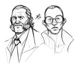  2boys aegyo_sal bomber_jacket collared_shirt commentary cropped_shoulders disco_elysium english_commentary expressionless facial_hair glasses greyscale hair_slicked_back harry_du_bois highres jacket kim_kitsuragi looking_at_another looking_to_the_side male_focus monochrome multiple_boys mutton_chops necktie nurve26 popped_collar portrait shirt short_hair smirk 